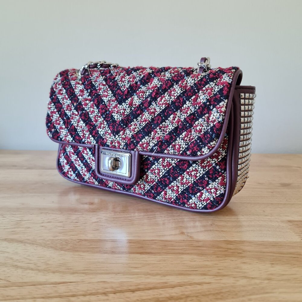 Karl Lagerfeld Agyness Tweed Crossbody Flap NWOT Convertible Wine Navy Luxury - Picture 8 of 16